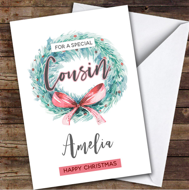 Cousin Wreath Custom Greeting Personalised Christmas Card