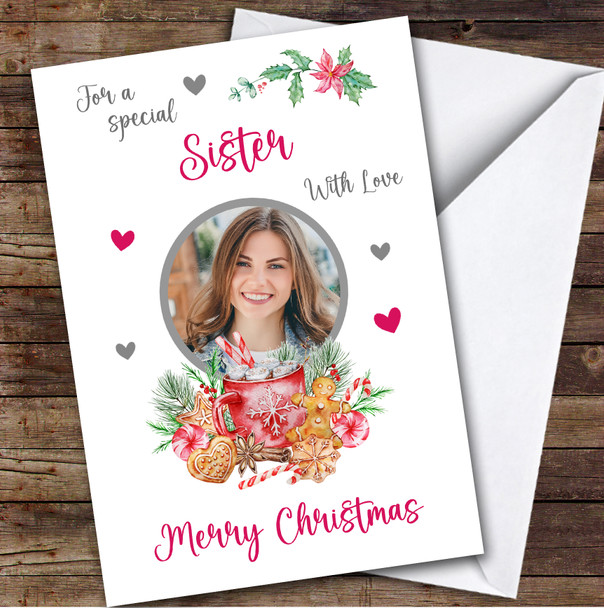 Sister Merry Hot Chocolate Photo Floral Custom Personalised Christmas Card Sister Merry Hot Chocolate Photo Floral Custom Personalised Christmas Card