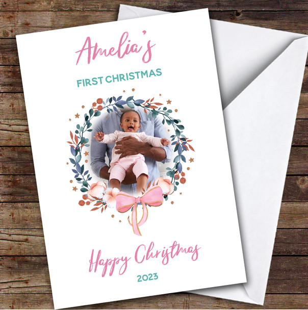 Baby Girl 1st First Xmas Photo Wreath Custom Personalised Christmas Card