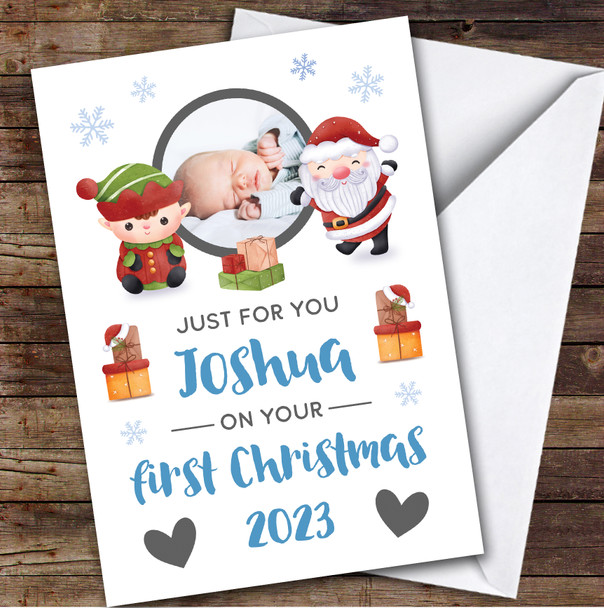 Baby Boy 1st First Xmas Photo Santa Custom Greeting Personalised Christmas Card