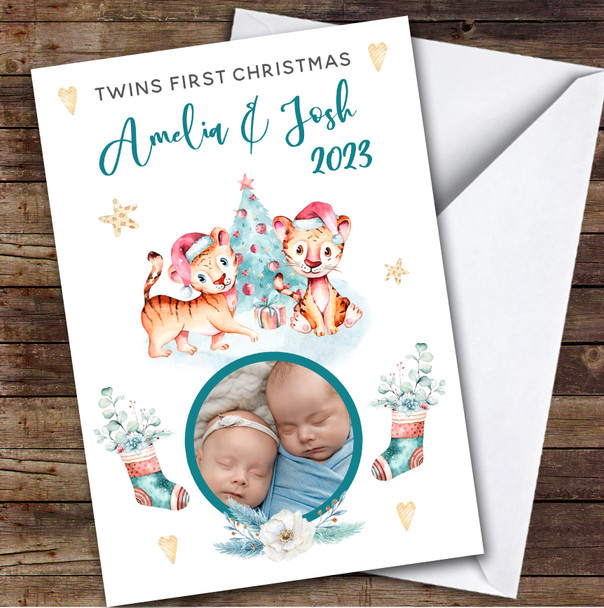 Twins 1st First Xmas Tiger Photo Custom Greeting Personalised Christmas Card