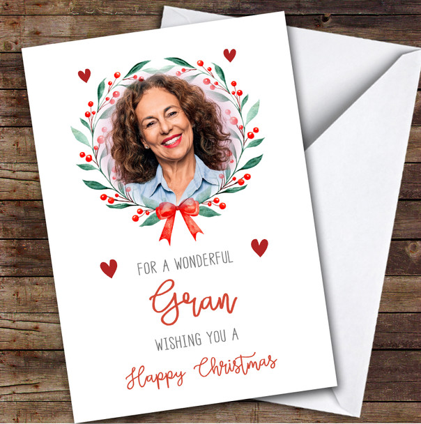 Gran Happy Photo Flower Wreath Custom Greeting Personalised Christmas Card