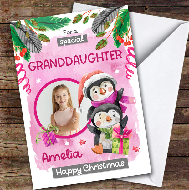 Granddaughter Penguins Photo Custom Greeting Personalised Christmas Card