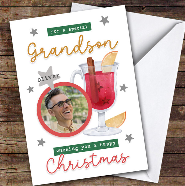 Grandson Mulled Wine Photo Custom Greeting Personalised Christmas Card