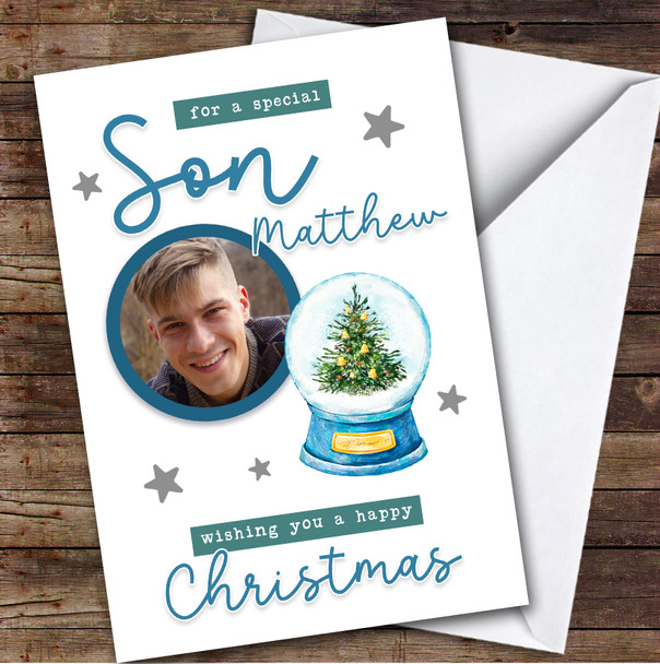 Son Snow globe Blue Photo Custom Greeting Personalised Christmas Card