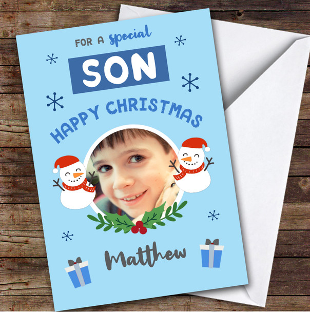 Son Blue Snowman Photo Custom Greeting Personalised Christmas Card