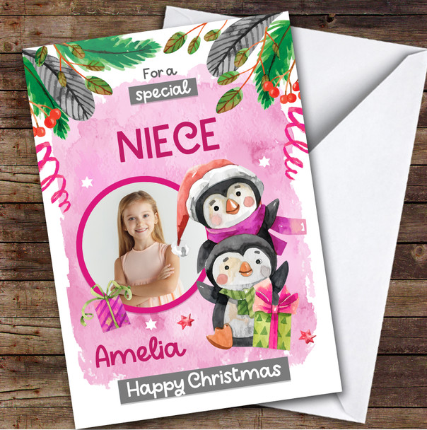 NIECE Penguins Photo Custom Greeting Personalised Christmas Card