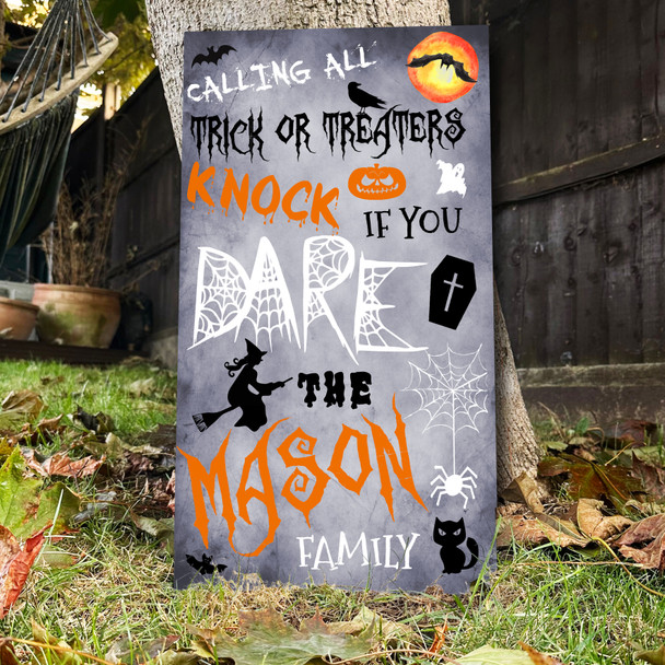 Trick Or Treaters Welcome Knock Blue Grey Personalised Decoration Halloween Sign