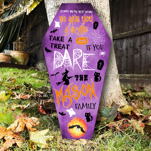 Trick Treaters Take A Treat Purple Coffin Personalised Halloween Sign