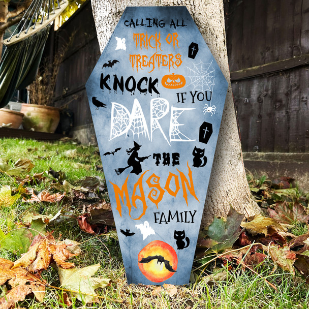 Trick Or Treaters Welcome To Knock Blue Coffin Personalised Decor Halloween Sign