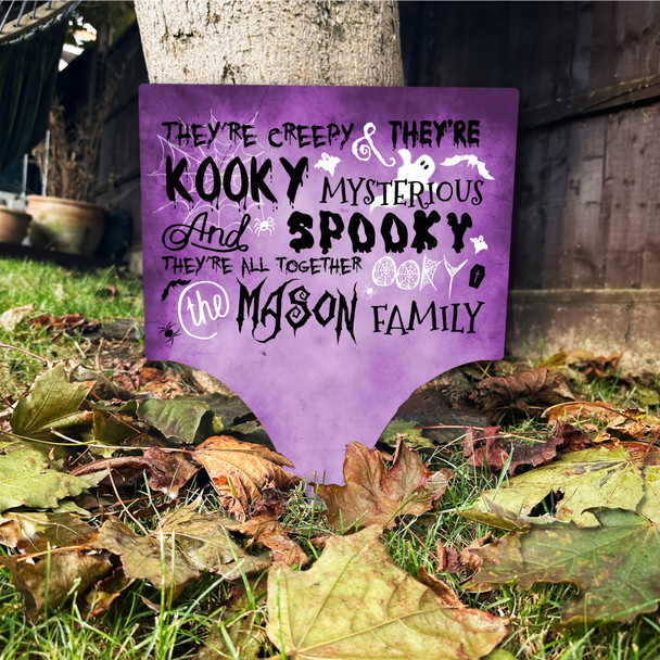 Addams Family Song Kooky Spooky Purple Personalised Garden Stake Halloween Sign