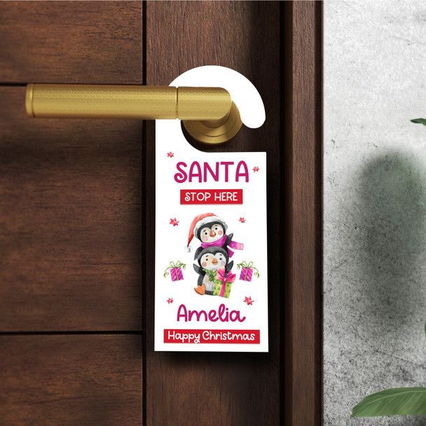 Personalized Stop Here Santa Penguin Christmas Personalised Bedroom Door Hanger