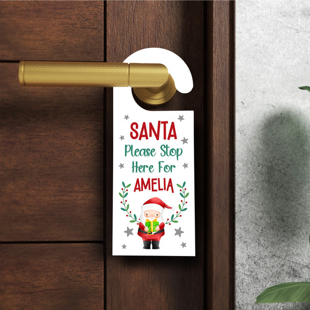 Santa Please Stop Here Wreath Christmas Personalised Kids Bedroom Door Hanger