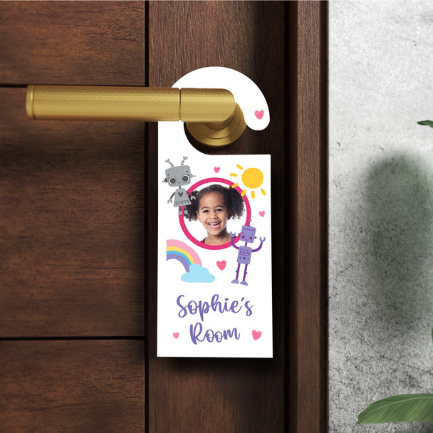 Personalized Robot Kids Childs Bedroom Girl Photo Sign Personalised Door Hanger