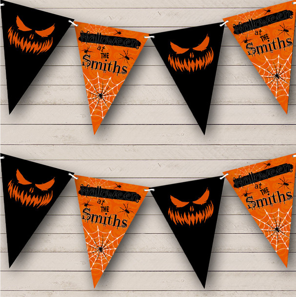 Scary Pumpkin Orange Face Spider Web Personalised Banner Halloween Party Bunting