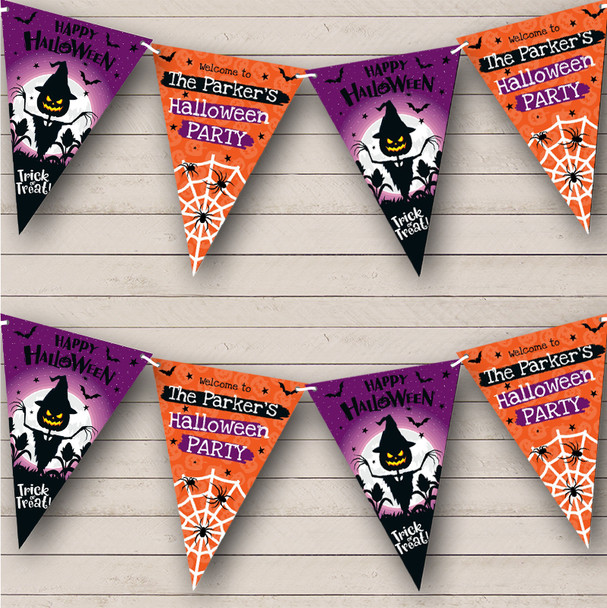 Purple Scarecrow Spider Web Personalised Decor Banner Halloween Party Bunting