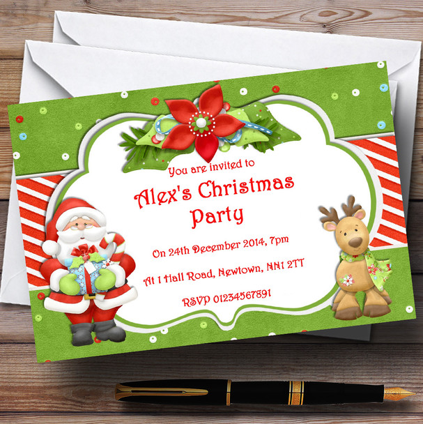 Green Santa And Reindeer Customised Christmas Party Invitations