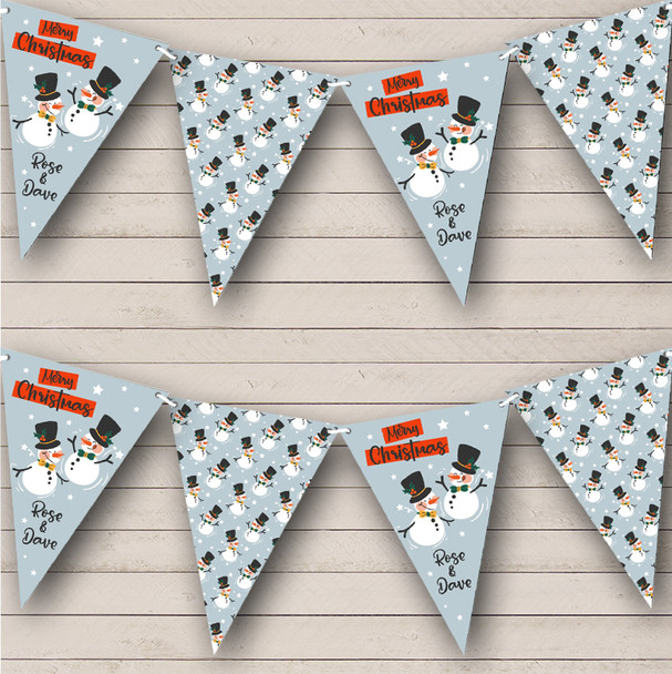 Blue Background Snowman Couple Personalised Christmas Banner Decoration Bunting