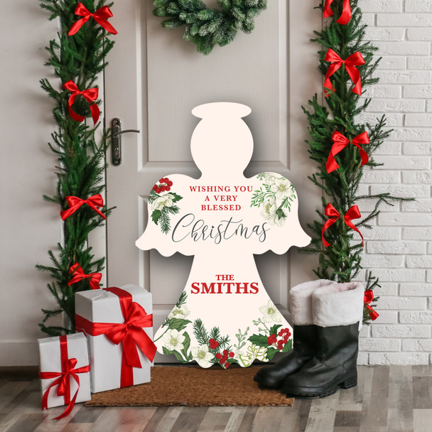 Red Floral Personalised Angel Decoration Family Christmas Indoor Outdoor Sign