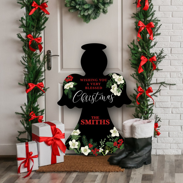 Black Floral Name Personalised Angel Decoration Christmas Indoor Outdoor Sign