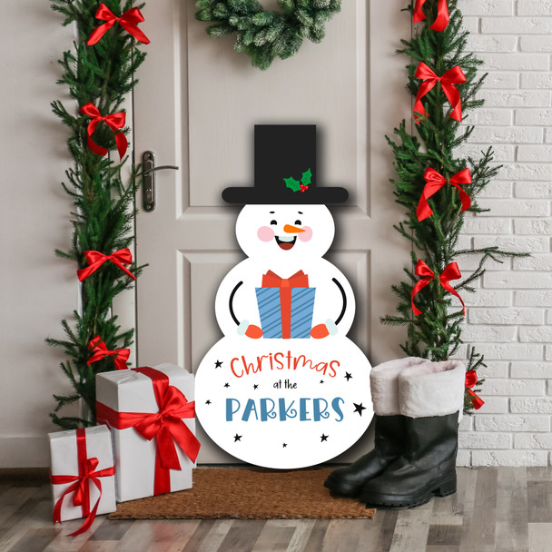 Holding Present Personalised Snowman Decoration Christmas Indoor Outdoor Sign
