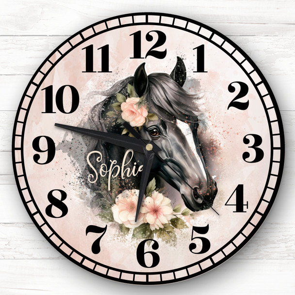 Floral Black Horses Girl's Room Custom Gift Personalised Clock