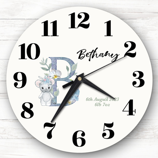 Baby Floral Watercolour Animal Alphabet Letter B Gift Personalised Clock