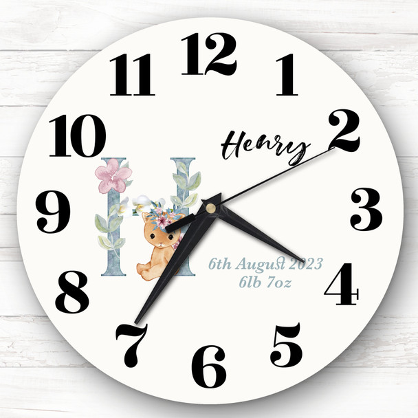 Baby Floral Watercolour Animal Alphabet Letter H Gift Personalised Clock