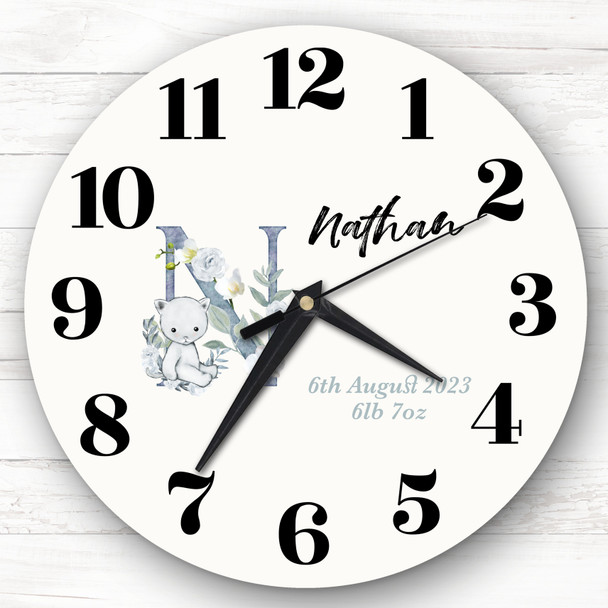 Baby Floral Watercolour Animal Alphabet Letter N Gift Personalised Clock