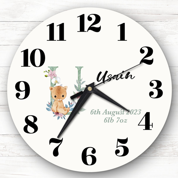 Baby Floral Watercolour Animal Alphabet Letter U Gift Personalised Clock