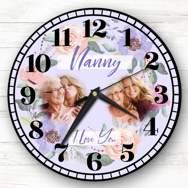 Nanny I Love You Photo Flowers Purple Personalised Gift Personalised Clock