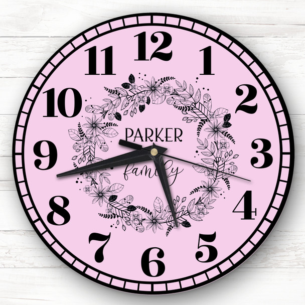 Pink Black Floral Wreath Family Name Personalised Gift Personalised Clock