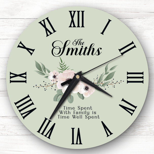 Family Floral Sage Green Background Personalised Gift Personalised Clock