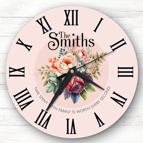 Pink Background Floral Family Name Personalised Gift Personalised Clock