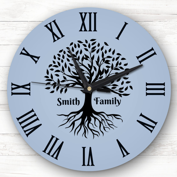 Family Tree Black Silhouette Blue Personalised Gift Personalised Clock