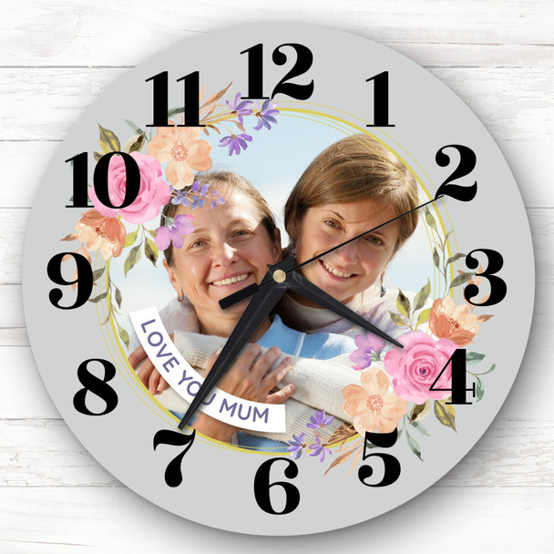 Grey Mum Pink Flower Wreath Photo Personalised Gift Personalised Clock