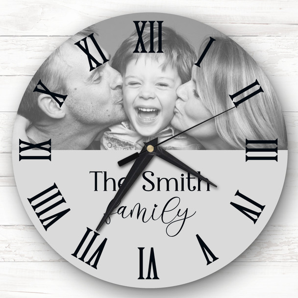 Grey Semicircle Photo Family Name Personalised Gift Personalised Clock