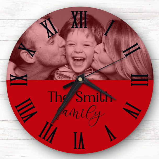 Red Semicircle Photo Family Name Personalised Gift Personalised Clock