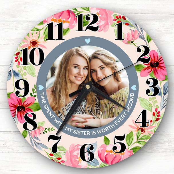 Sister Bright Pink Flower Photo Personalised Gift Personalised Clock