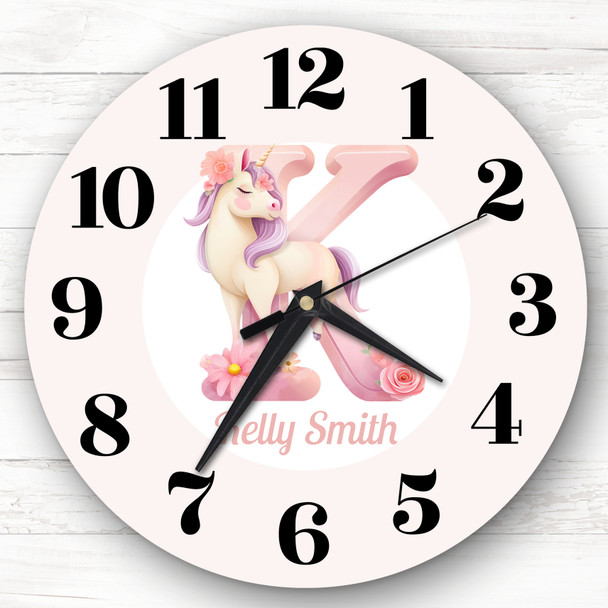 Pink Unicorn Alphabet Letter K Personalised Gift Personalised Clock