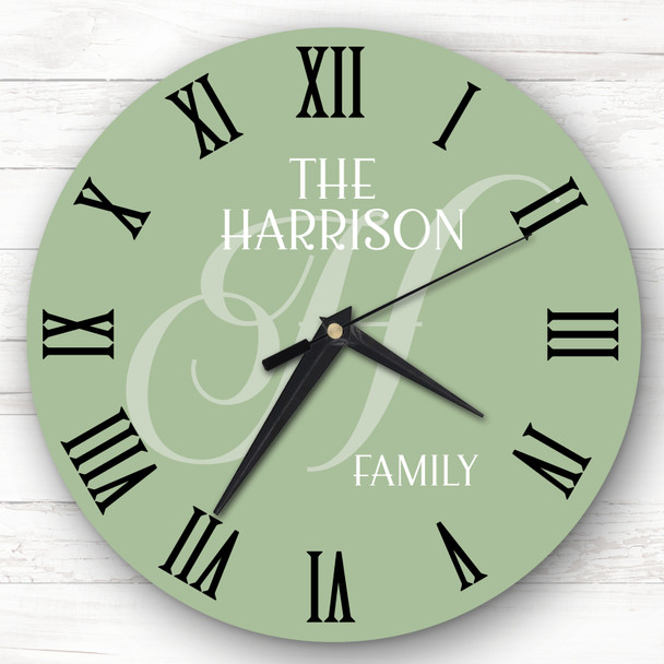 Sage Green Family Name Initial Personalised Gift Personalised Clock