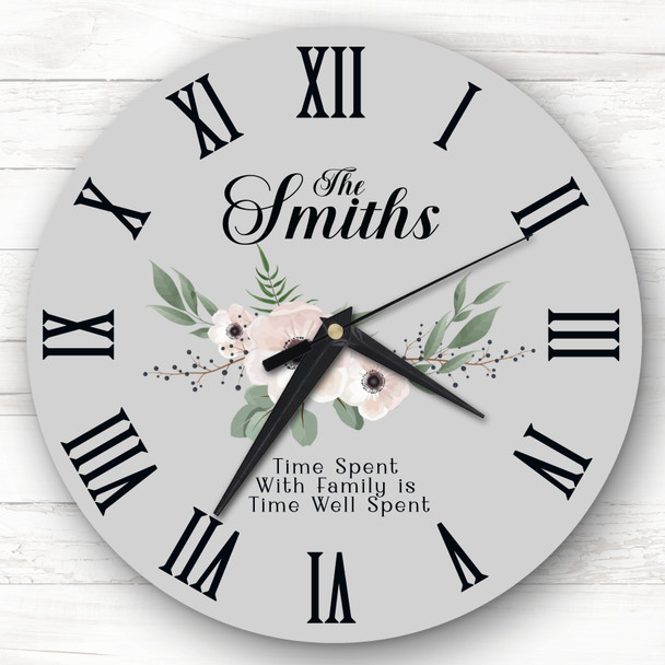 Family Floral Grey Background Personalised Gift Personalised Clock