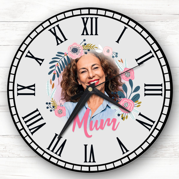 Mum Flower Wreath Photo Grey Personalised Gift Personalised Clock