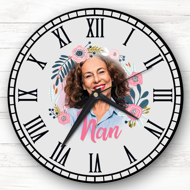Nan Flower Wreath Photo Grey Personalised Gift Personalised Clock