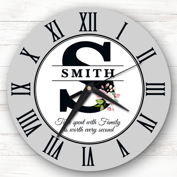 Floral Family Initial Grey Personalised Gift Personalised Clock
