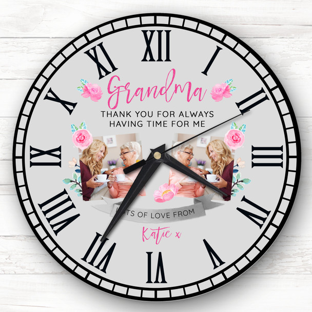 Grandma Photo Flowers Grey Personalised Gift Personalised Clock