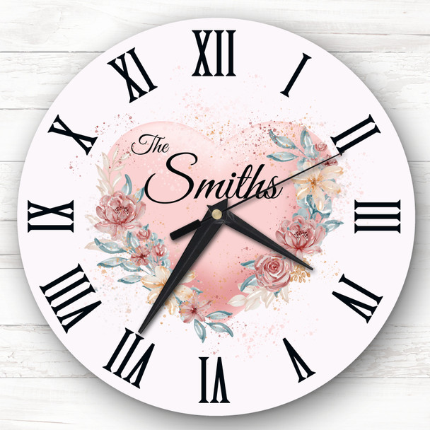Floral Heart Family Name Personalised Gift Personalised Clock