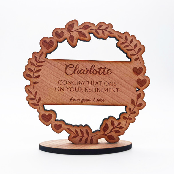Wood Retirement Floral & Heart Wreath Congratulations Keepsake Personalised Gift