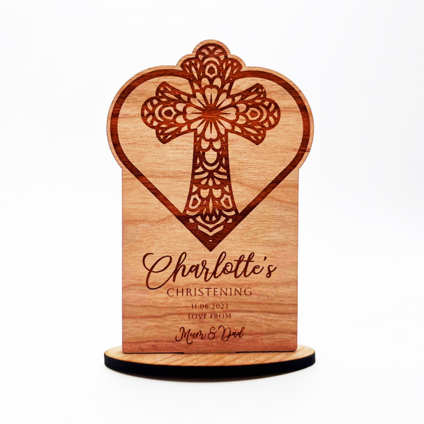 Engraved Wood Christening Decorative Cross & Heart Keepsake Personalised Gift