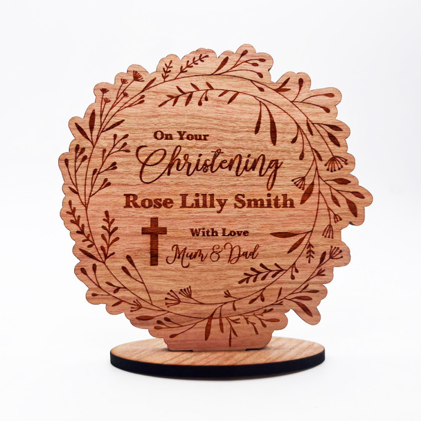 Engraved Wood On Your Christening Floral Wreath Keepsake Personalised Gift